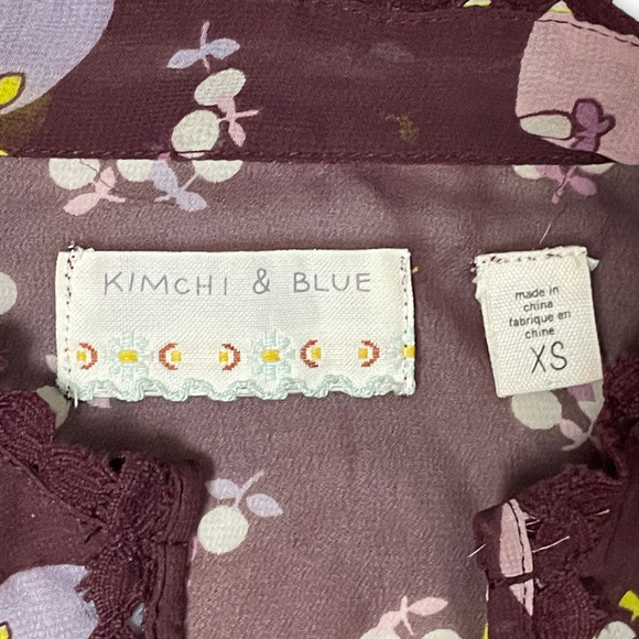 🍀 Kimchi Blue Women's Purple Taupe Printed Ruffle Puff Short Sleeve Blouse XS - Picture 8 of 10